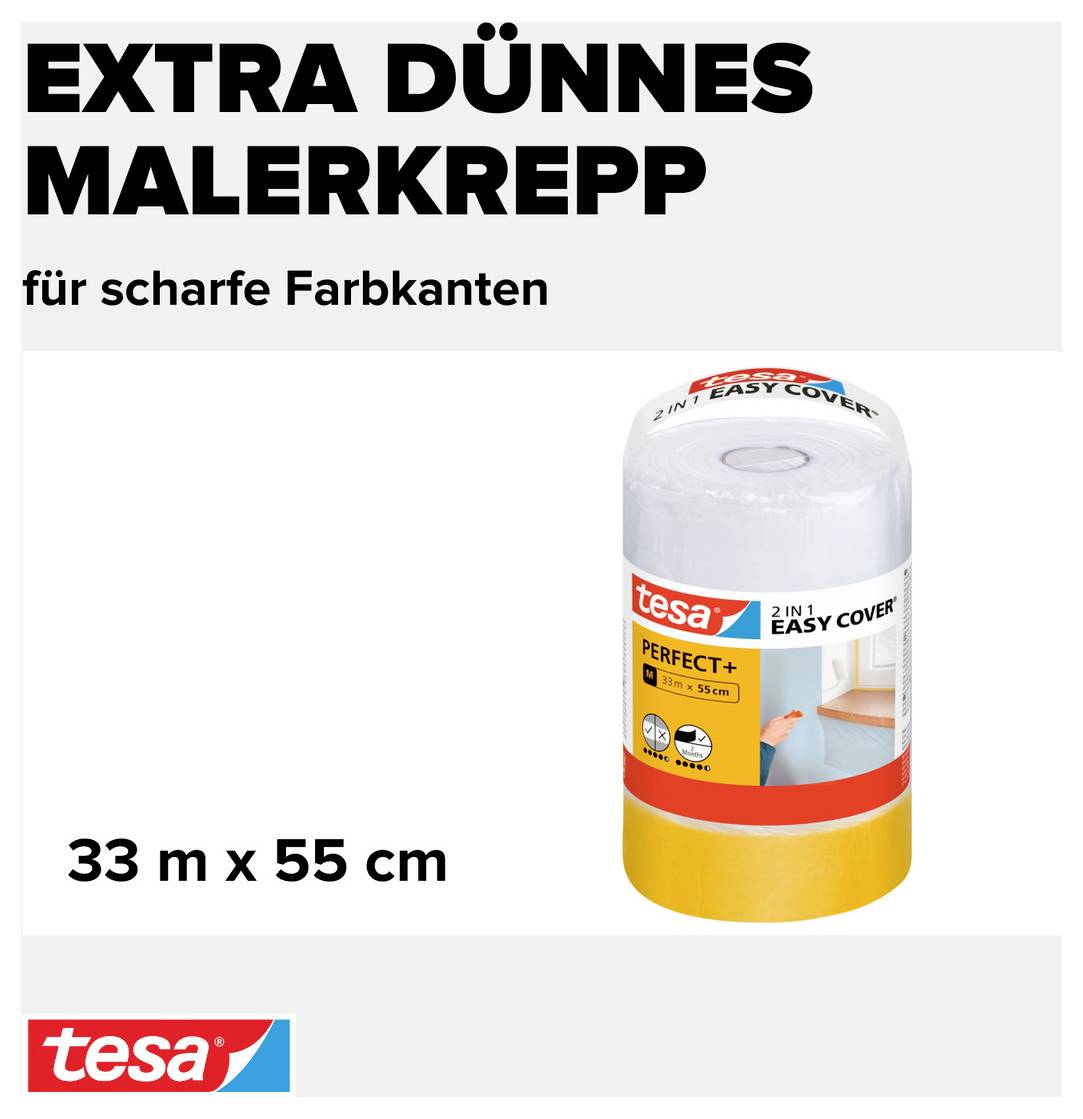 'MIMOŘÁDNĚ TENKÁ MALÍŘSKÁ KREPOVÁ PÁSKA pro ostré barevné hrany' je napsáno na obalu tesa EASY COVER. Velikost: 33 m x 55 cm.