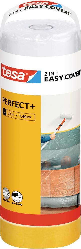 Role lepicí pásky a fólie Tesa '2-in-1 Easy Cover Perfect+' určené pro malování, zobrazené v oranžovém, modrém a červeném obalu.