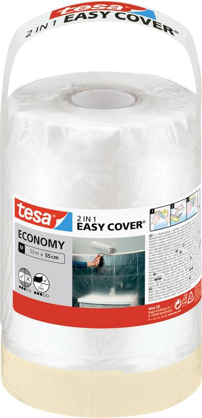 Role tesa 2 v 1 Easy Cover Economy, 33m x 55cm, s obrázkem osoby malující zeď.