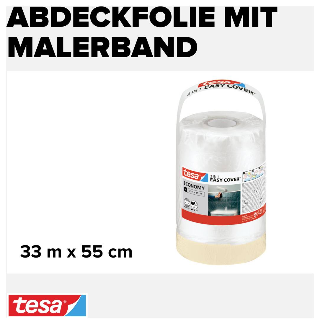 Krycí fólie s malířskou páskou, 33 m x 55 cm, značka tesa. Balení obsahuje rolku fólie s integrovanou lepicí páskou pro snadné zakrytí při malování.