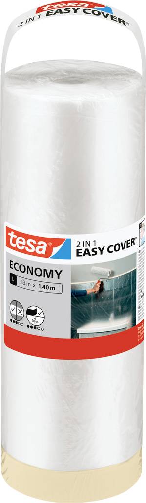 Role tesa 2-in-1 Easy Cover Economy, která obsahuje zakrývací plachtu a maskovací pásku, určená pro malířské a renovační práce.