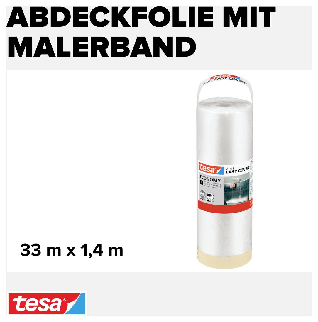 Zakrývací fólie s malířskou páskou od tesa, 33 m x 1,4 m, zobrazená jako obal výrobku.