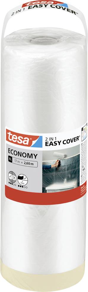 Role fólie Tesa '2 v 1 Easy Cover Economy', plastová fólie o rozměrech 17m x 2,6m, zobrazená v obalu s ilustrací ochranné masky.