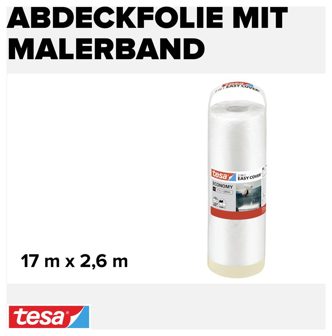 Zakrývací fólie se značkovací páskou od 'tesa', rozměr 17 m x 2,6 m, v roli. Obal zobrazuje logo značky a obrázek produktu.