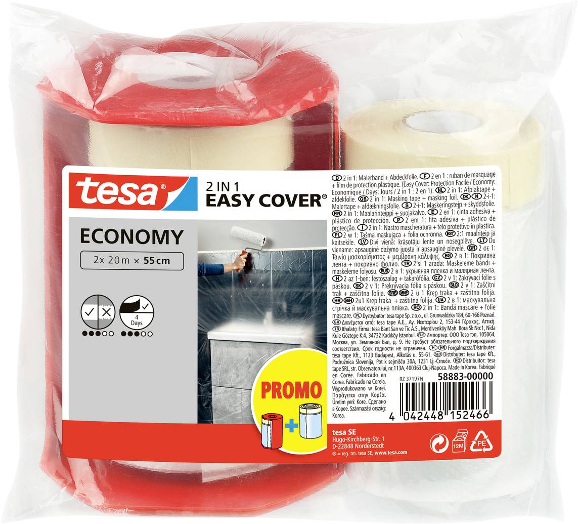 Balení Economy 2-v-1 Easy Cover od Tesa, červené a bílé role s plastovým krytem pro ochranu při malování.
