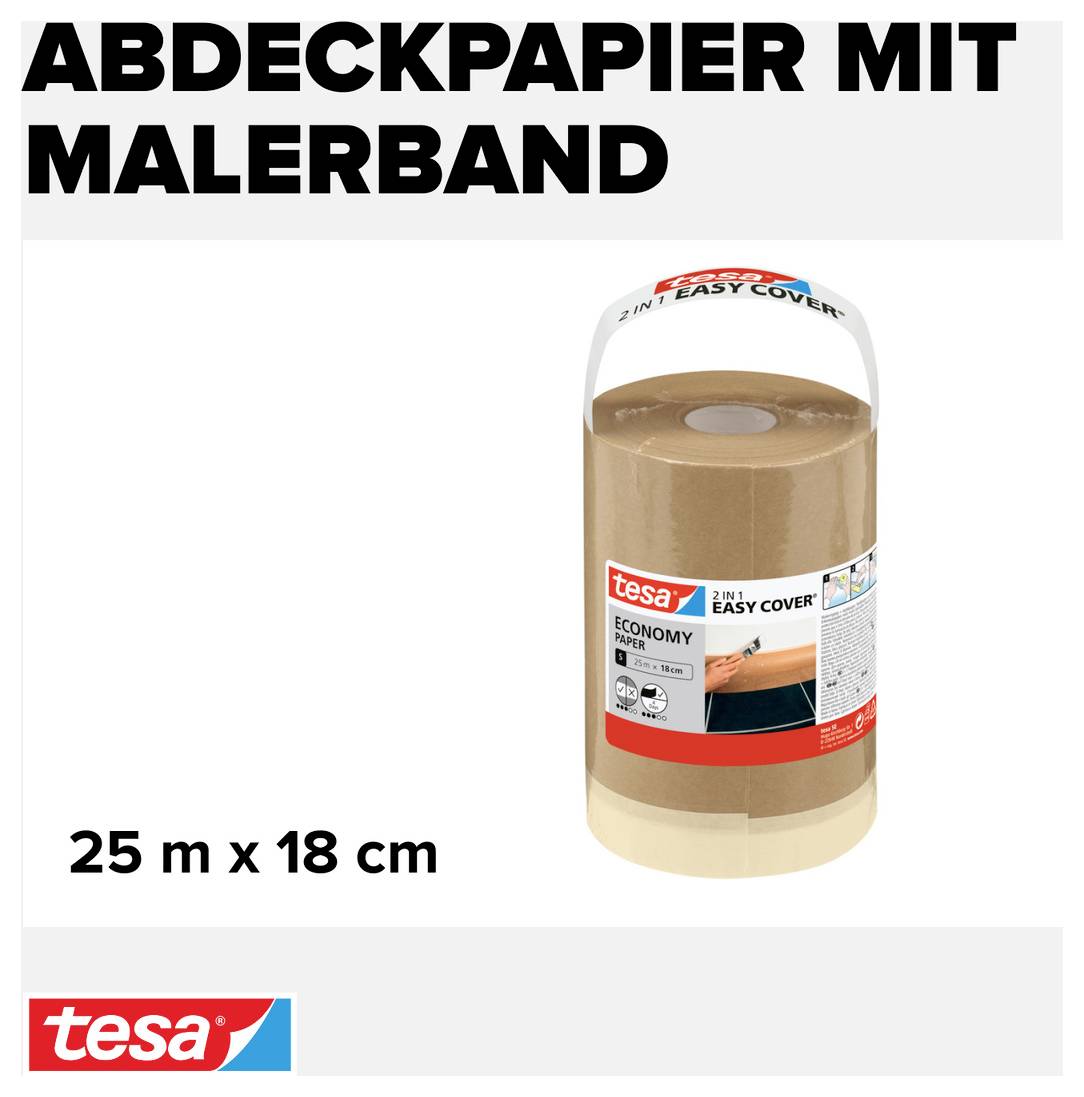 Zakrývací papír s malířskou páskou, 25 m x 18 cm, značka tesa, 2v1 Easy Cover. Role zakrývacího papíru s integrovanou lepicí páskou.