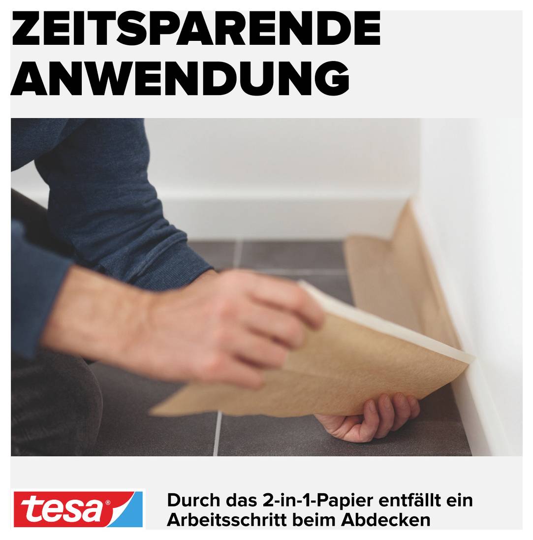 Jedna osoba instaluje 2v1 papír s nápisem „ČASOVĚ ÚSPORNÁ APLIKACE" pro snazší zakrývání při malování.