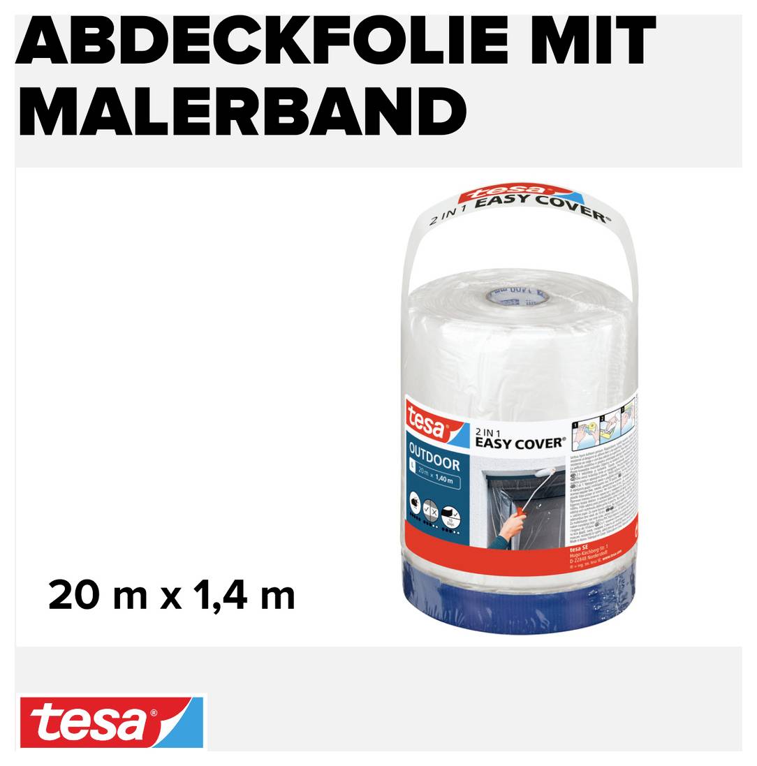 Jedna role krycí fólie s malířskou páskou Tesa, s rozměry 20 m x 1,4 m, prezentovaná v obalu.