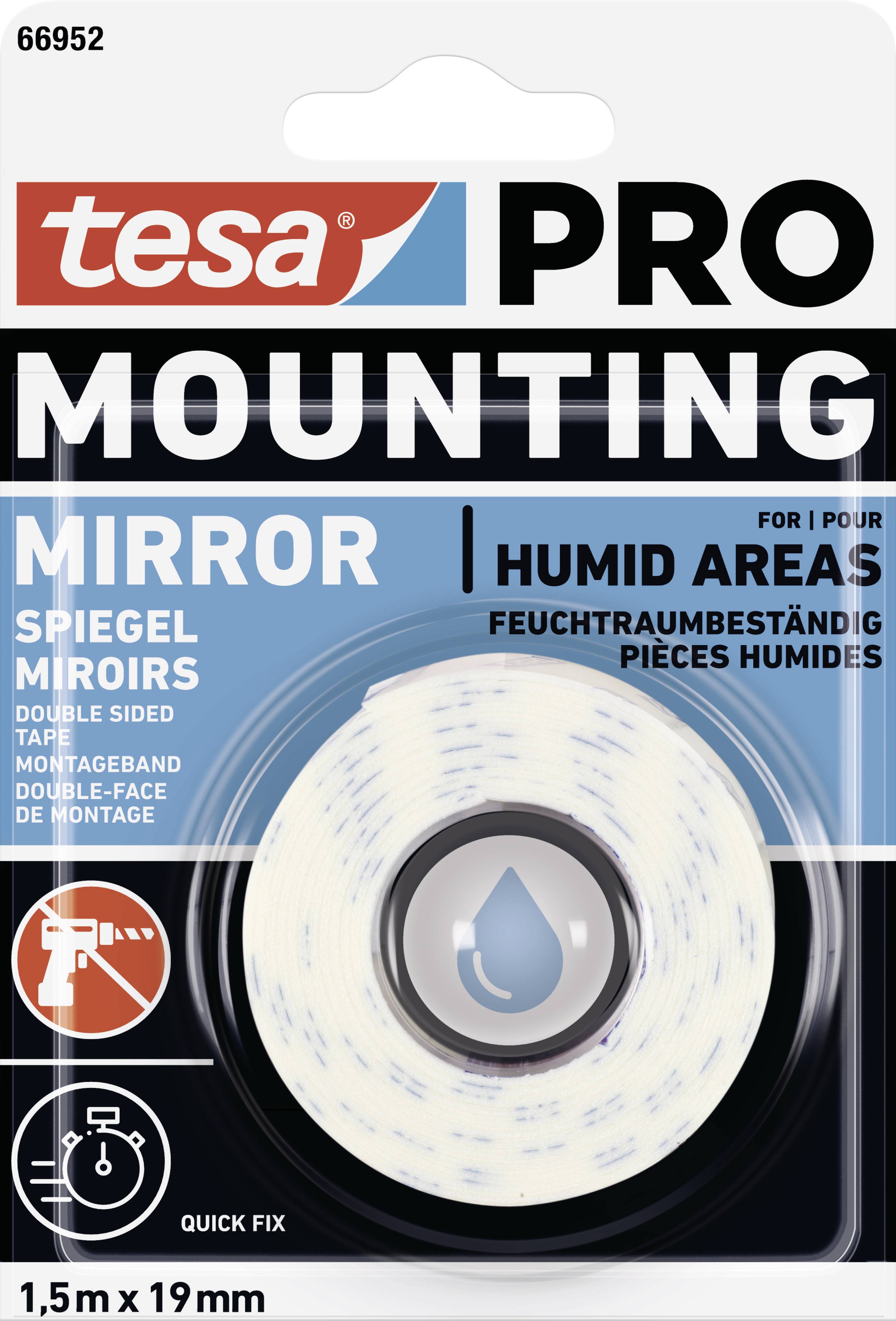 Obal oboustranné lepicí pásky 'tesa PRO MOUNTING' pro zrcadla ve vlhkých prostorách, 1,5 m x 19 mm.