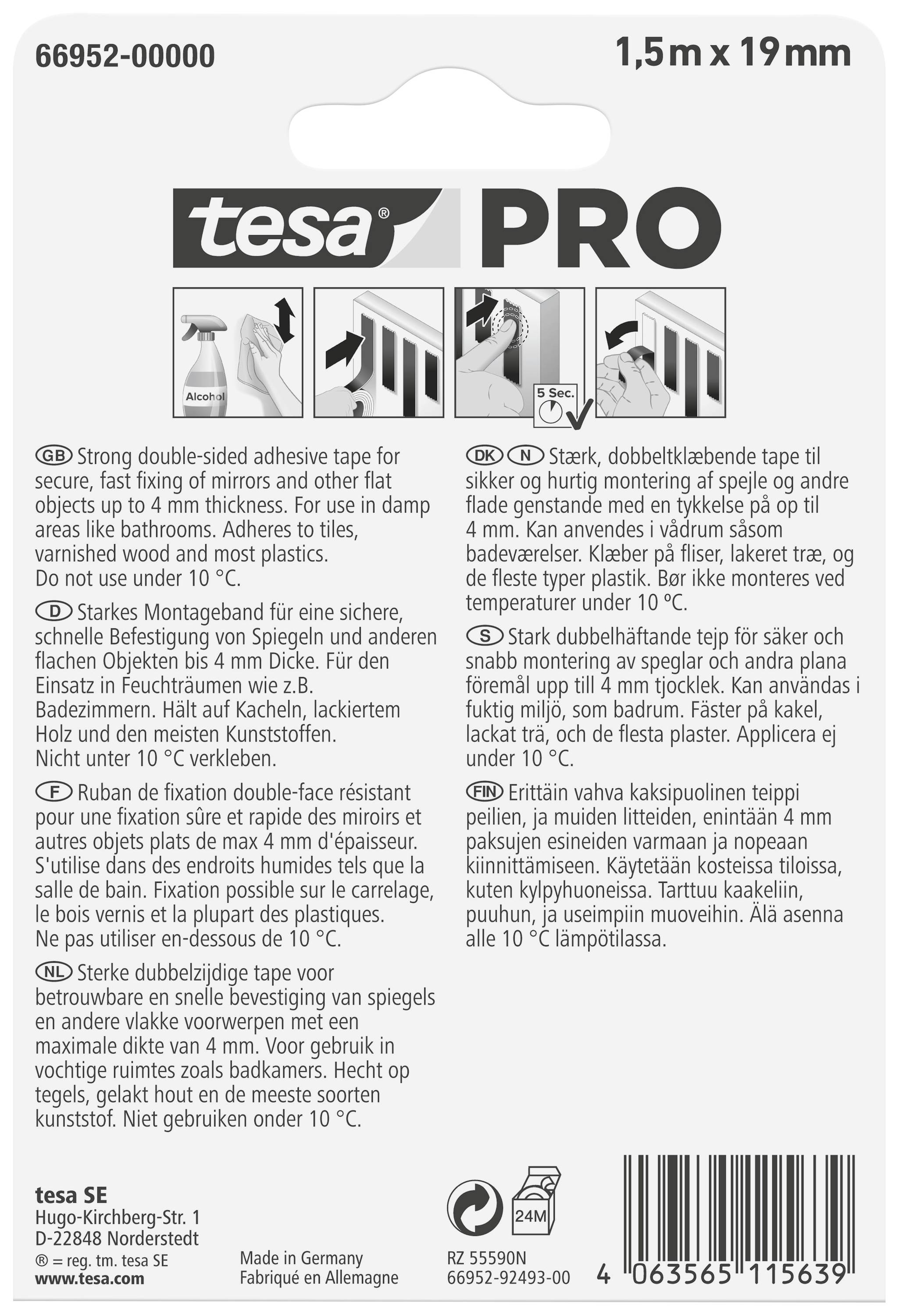 Oboustranná silná lepicí páska od Tesy, ideální pro upevnění zrcadel. Detaily: odolná ve vlhkém prostředí, teplotní odolnost do 10°C.