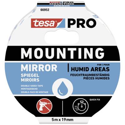 Produktový obal tesa PRO montážní pásky pro zrcadla do vlhkých místností. Zobrazuje firemní logo, název produktu a vlastnosti jako 'Odolné ve vlhkém prostředí'.