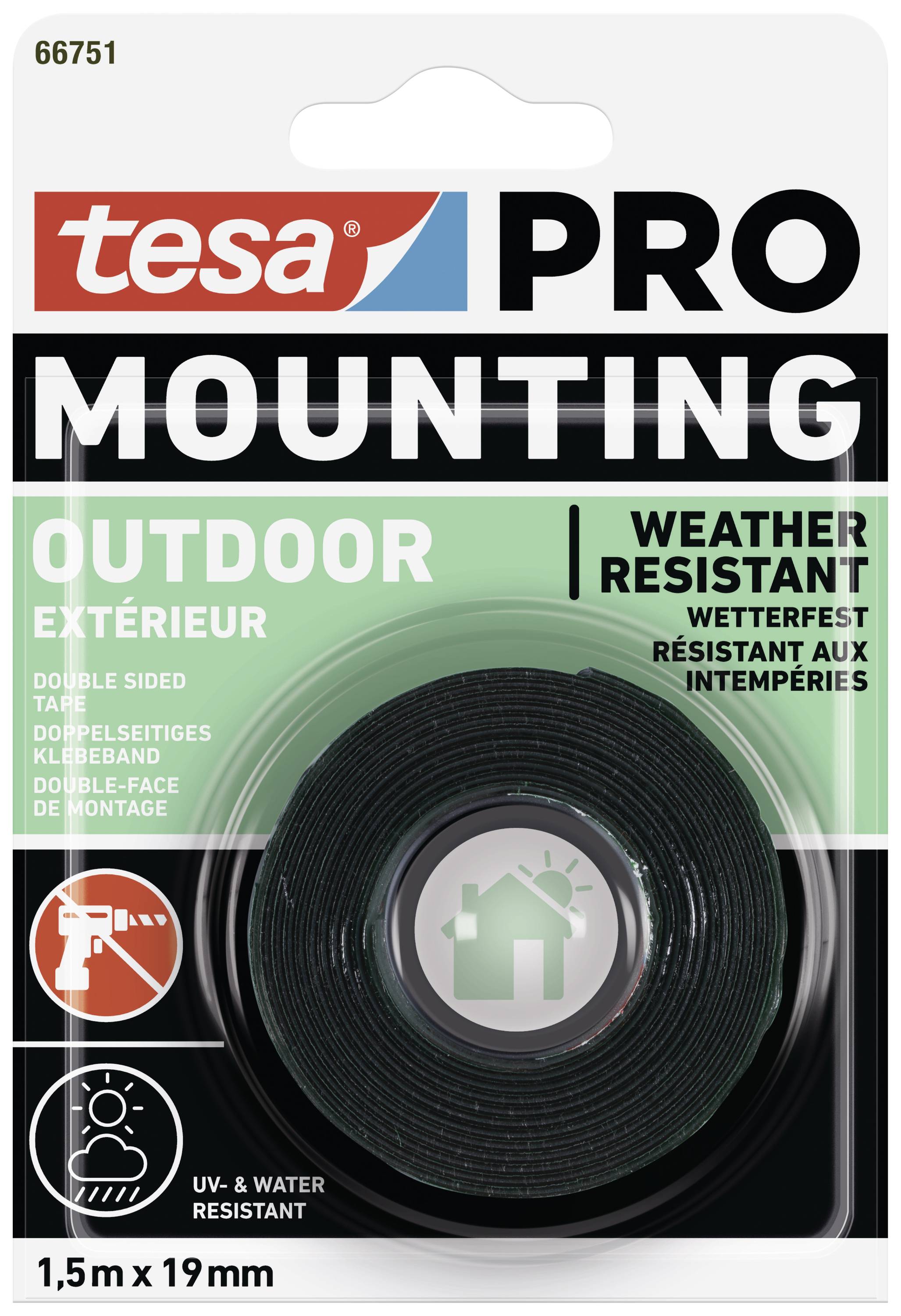 Oboustranná lepicí páska 'tesa PRO MOUNTING OUTDOOR', voděodolná pro venkovní použití, 1,5 m x 19 mm.