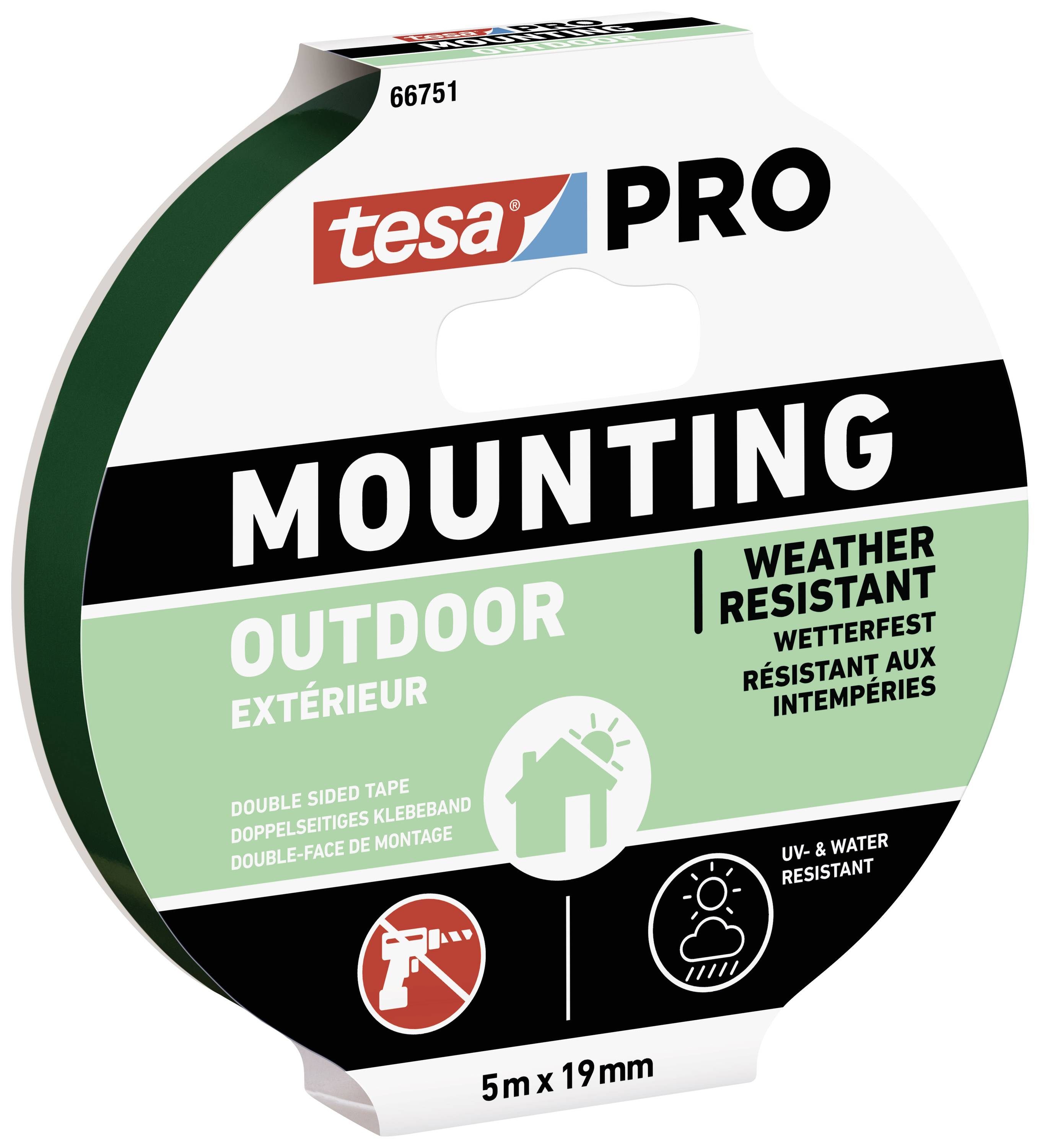 Oboustranná lepicí páska 'tesa PRO MOUNTING OUTDOOR', odolná počasí, UV- a vodě odolná, délka 5m, šířka 19mm, vhodná pro venkovní použití.
