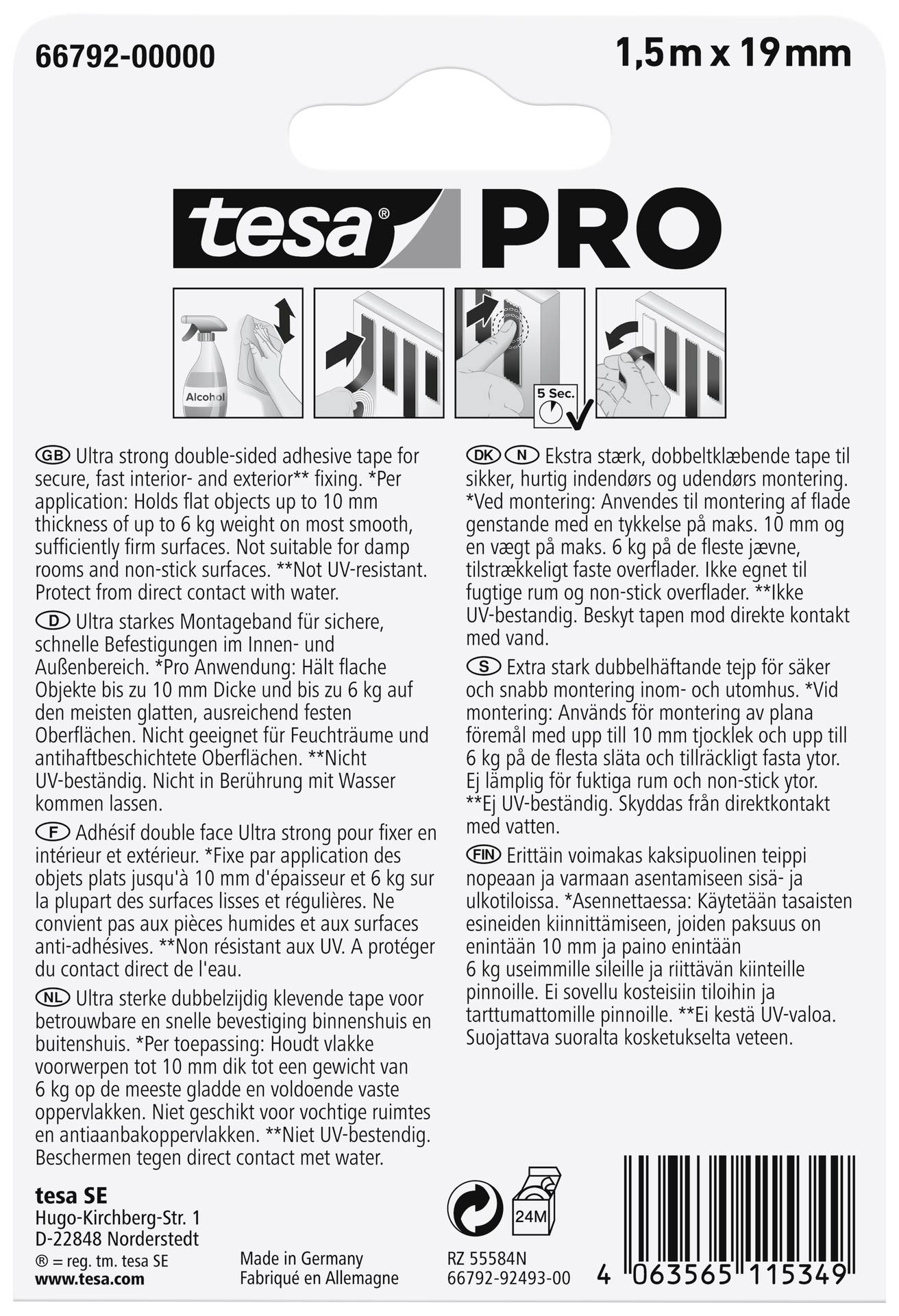 Obal produktu tesa PRO, oboustranná lepicí páska. Text popisuje použití a technické parametry. Rozměry: 1,5 m x 19 mm.