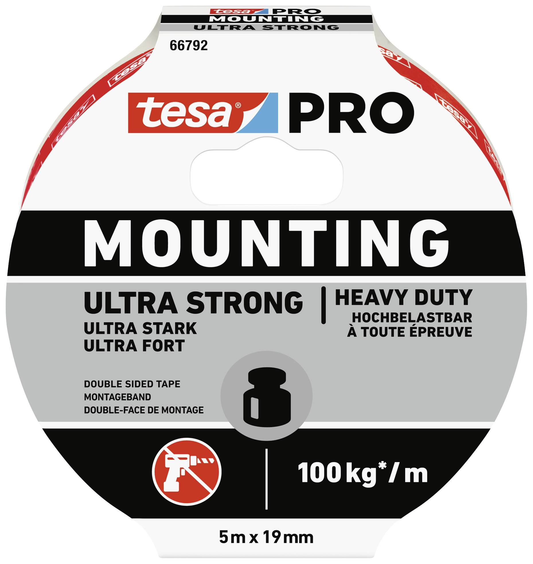 Kleberolle 'tesa PRO', ultra silná, 5 m dlouhá, 19 mm široká. Udrží až 100 kg/m. Vhodná pro oboustrannou montáž, vysoce zátěžová.