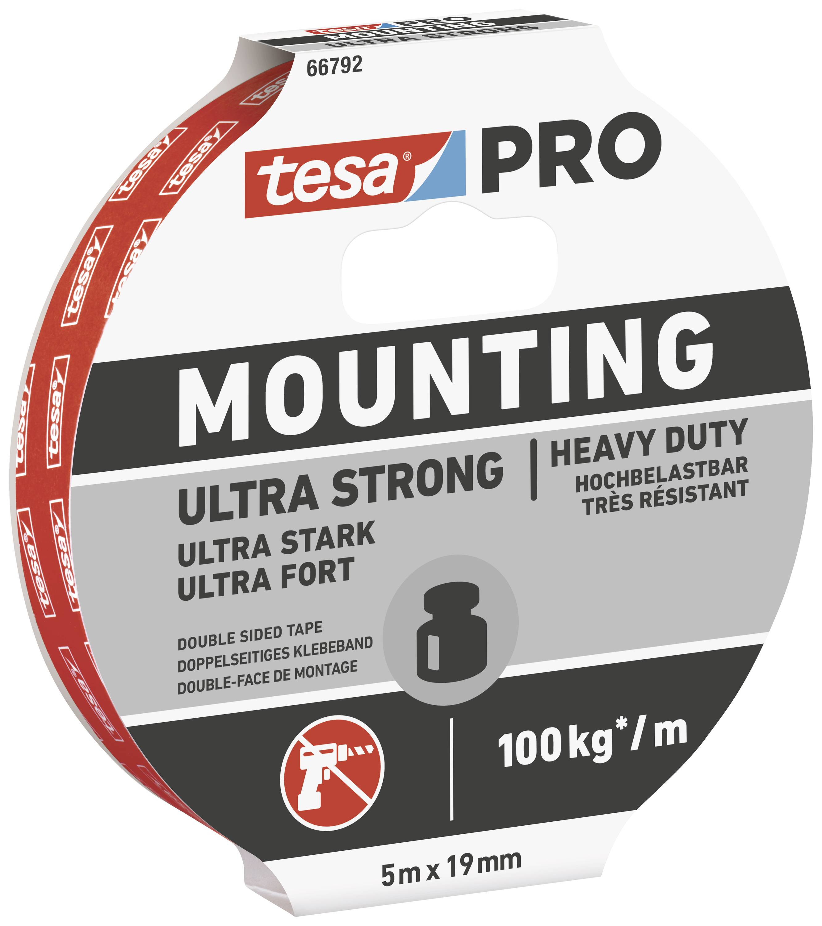 Oboustranná lepicí páska tesa pro těžké náklady. Na obalu je napsáno 'ULTRA STRONG'. Nosnost: 100 kg/m, 5 m x 19 mm.