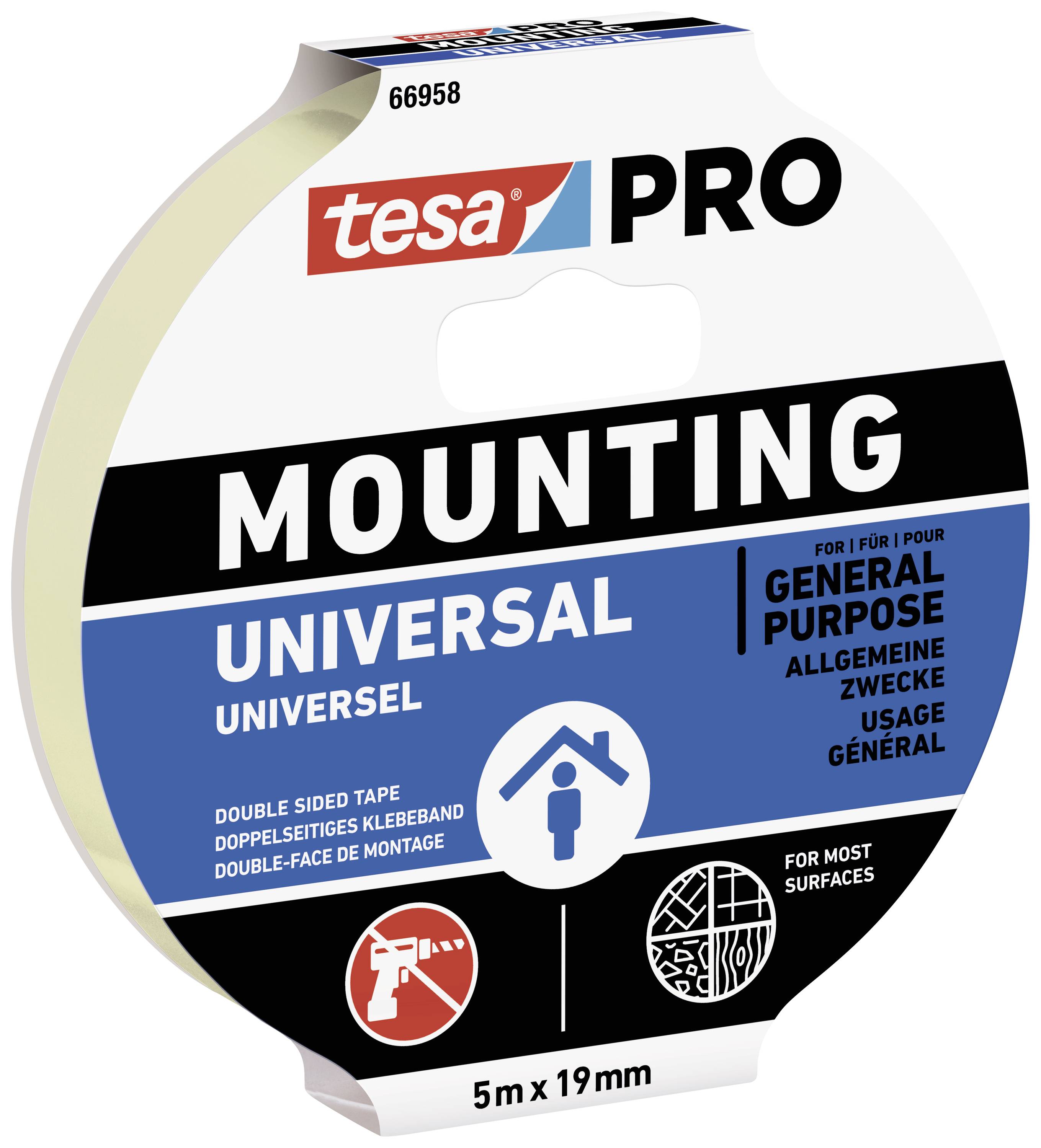 Oboustranná lepicí páska 'tesa PRO MOUNTING UNIVERSAL', 5m x 19mm, pro univerzální montážní účely, vhodná pro většinu povrchů.
