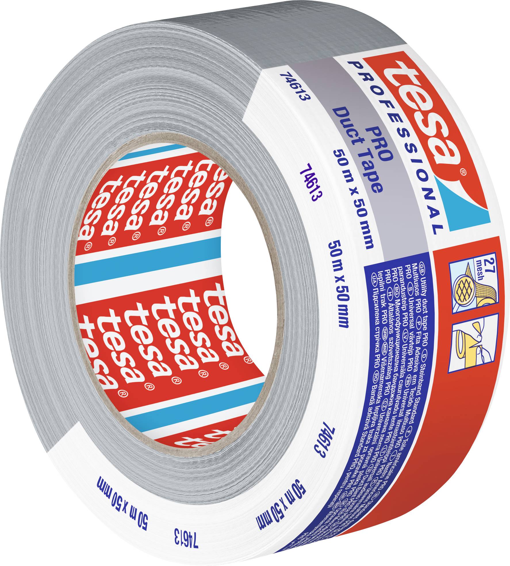 Stříbrná těsnicí páska značky Tesa, 50 m x 50 mm, v plastovém obalu s etiketou pro profesionální použití.