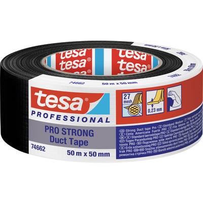 Role lepicí pásky tesa PRO STRONG, textilní páska, 50 m x 50 mm, černá, s produktovými informacemi a příklady použití na etiketě.