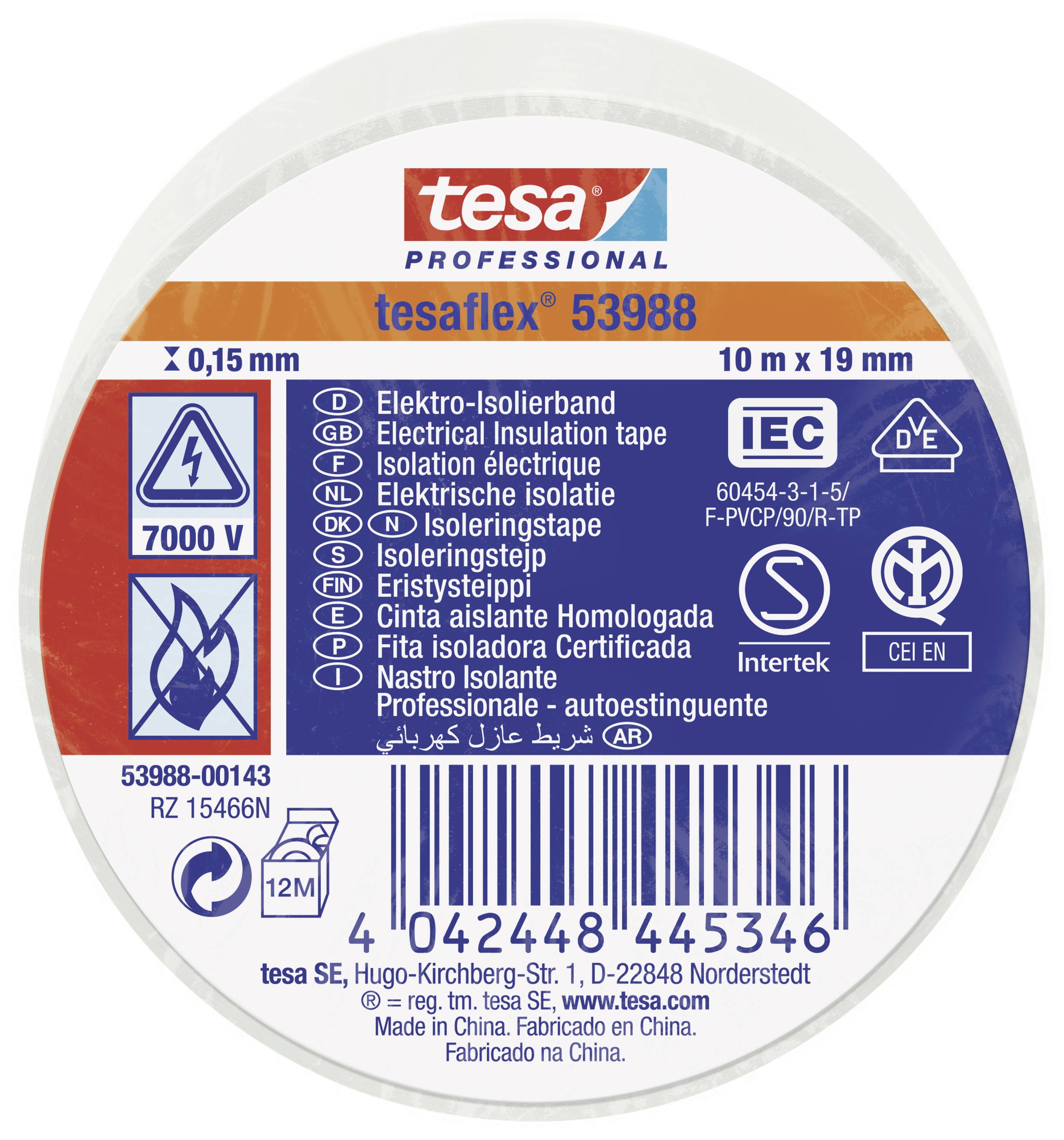 Elektroizolační páska, značka tesa, model tesaflex 53988, 10 m x 19 mm, 7000 V, certifikace CE, splňující různé normy a certifikační značky.