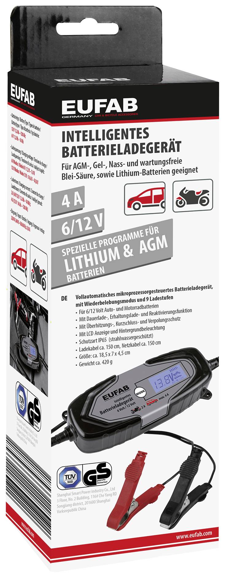 'EUFAB inteligentní nabíječka baterií: Pro AGM, gelové, mokré, bezúdržbové olověné, jakož i lithiové baterie. 4A, 6/12V.'