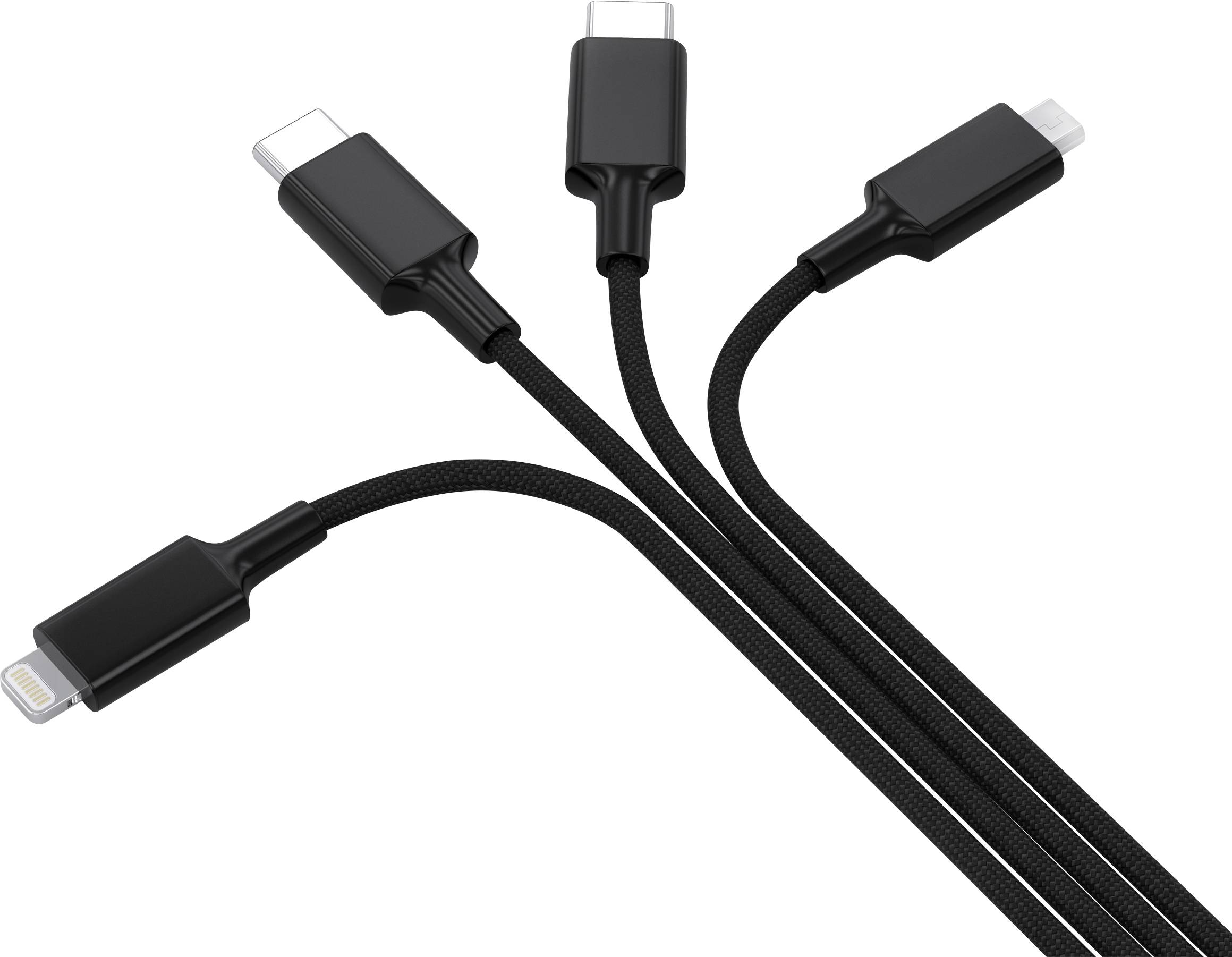 Černý multifunkční nabíjecí kabel se čtyřmi konektory, včetně USB-C a Lightning, na bílém pozadí. Vhodný pro různá zařízení.