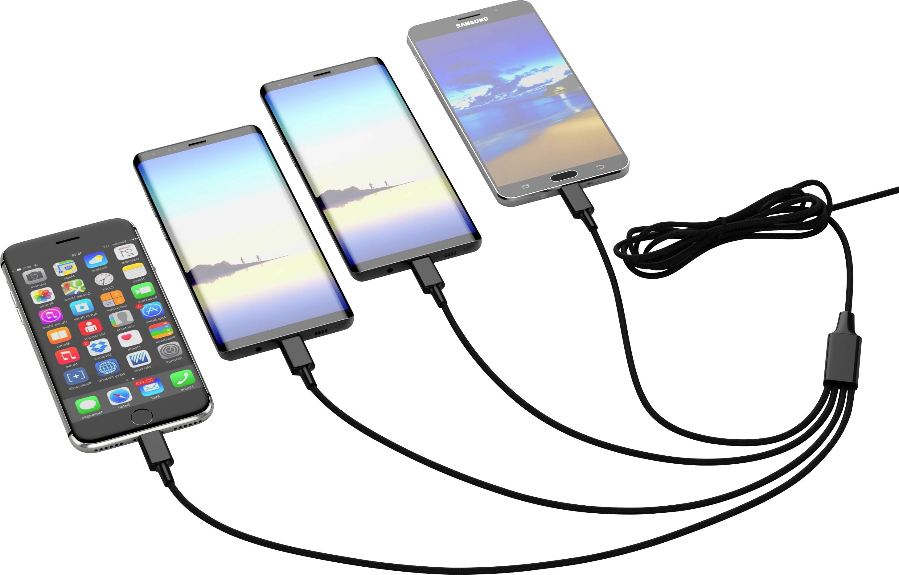 Čtyři smartphony připojené k nabíjecím zařízením ležícím vedle sebe. Různé modely s odlišnými tapetami.