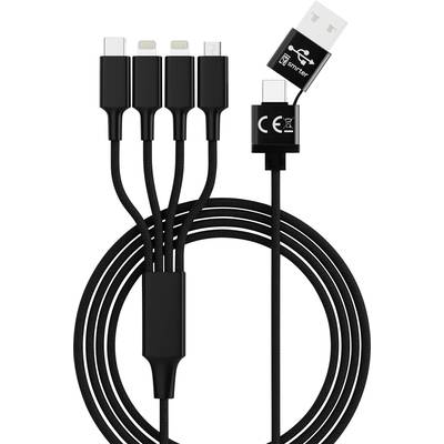 Černý multifunkční nabíjecí kabel s USB připojením a čtyřmi různými nabíjecími konektory pro různá zařízení.
