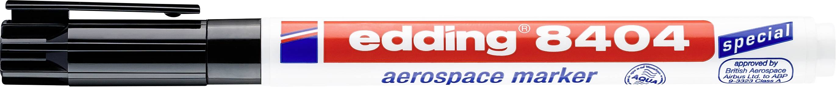 Černý fix s červenou a bílou etiketou, označený jako 'edding 8404 aerospace marker', vhodný pro letecký průmysl.