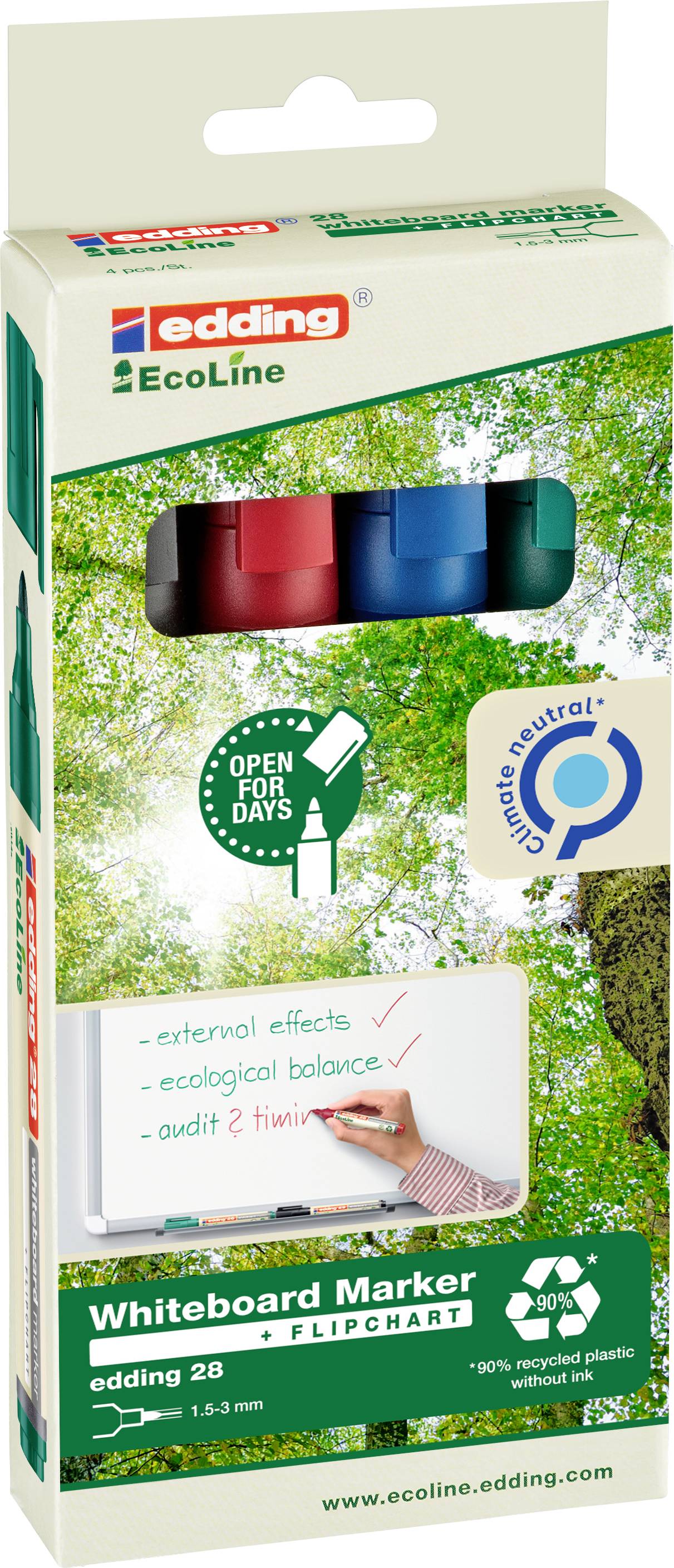 Balení popisovačů Edding na whiteboard, skládající se ze čtyř fixů v barvách červená, zelená, modrá a černá. Vyrobeno šetrně k životnímu prostředí.