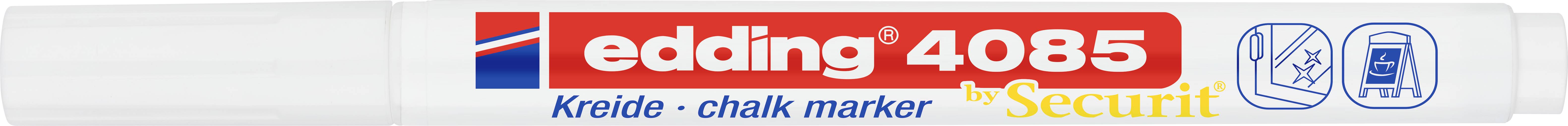 Bílý křídový popisovač s nápisem 'edding 4085 Kreide - chalk marker Securit'