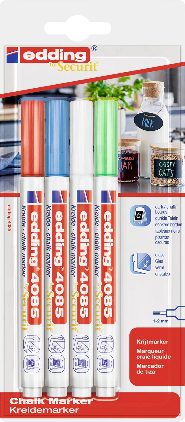 Edding 4085 4-4085-4-1BAS křídový popisovač  světle modrá, neonově zelená, červená, bílá 1 mm, 2 mm