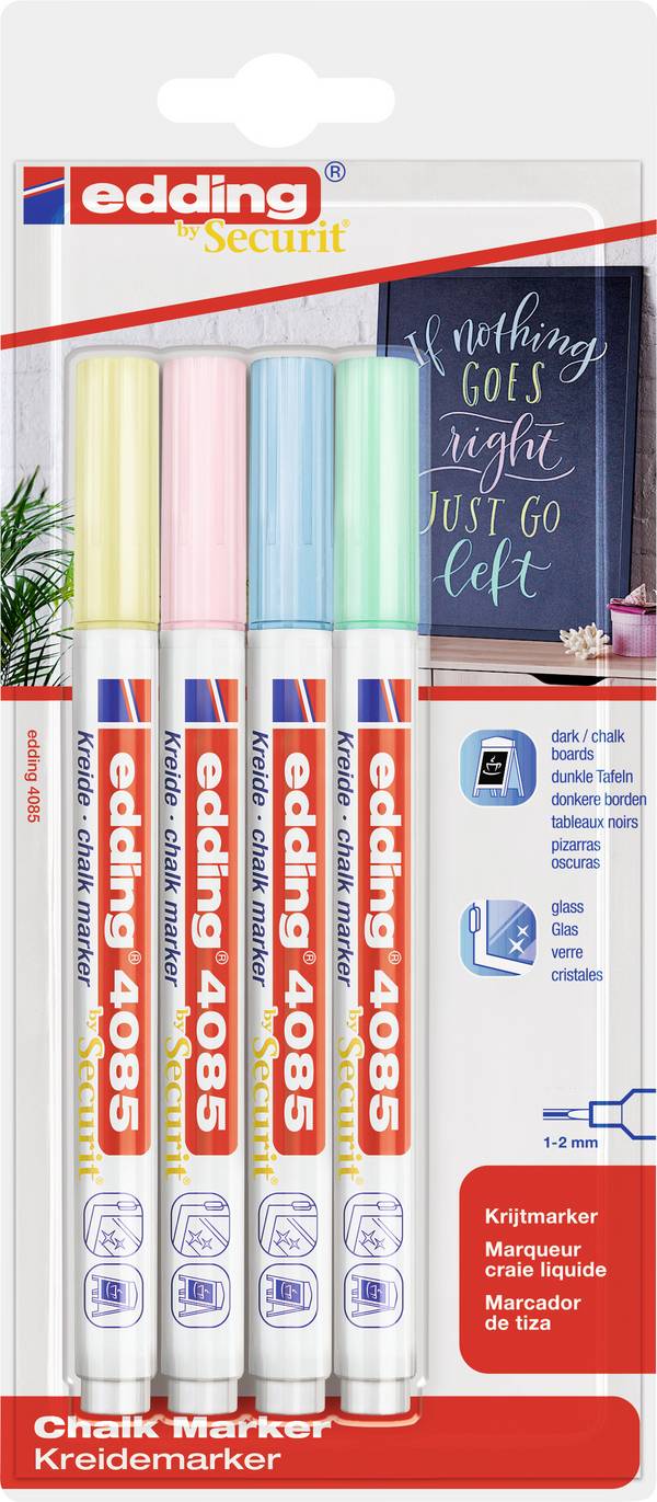 Edding 4085 4-4085-4-1PAS křídový popisovač  pastelová modrá, pastelová žlutá, pastelová zelená, pastelová růžová 1 mm, 2 mm