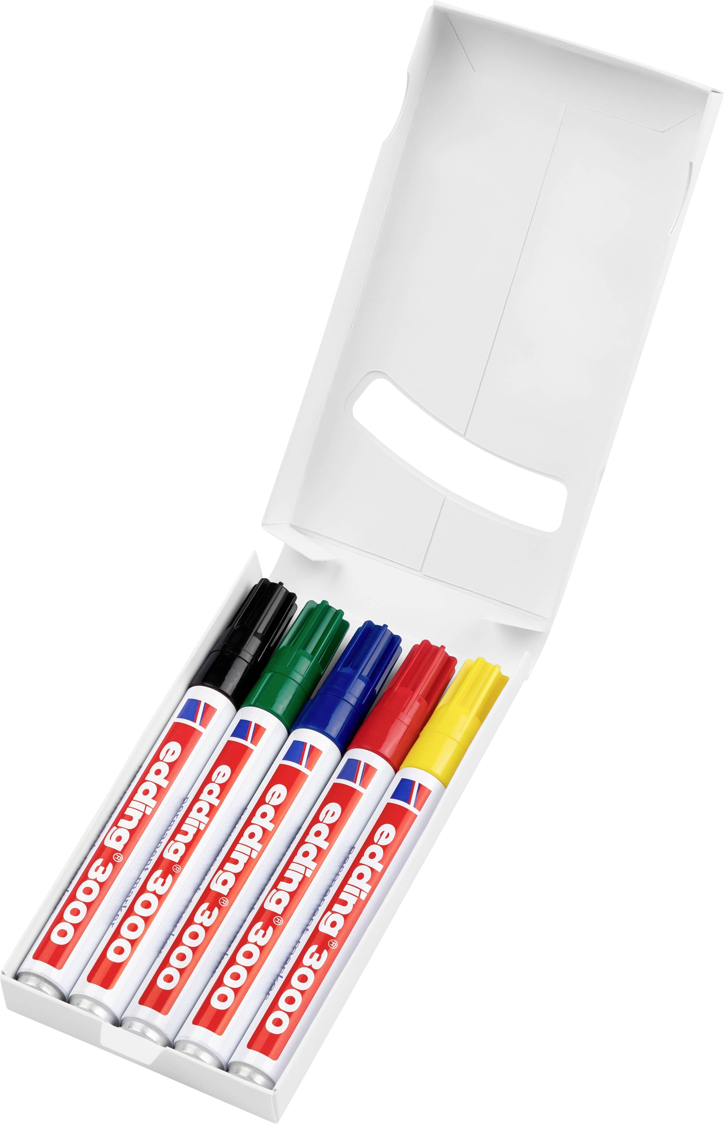 Pět barevných fixů na whiteboard v otevřené krabici, barvy: černá, zelená, modrá, červená a žlutá.