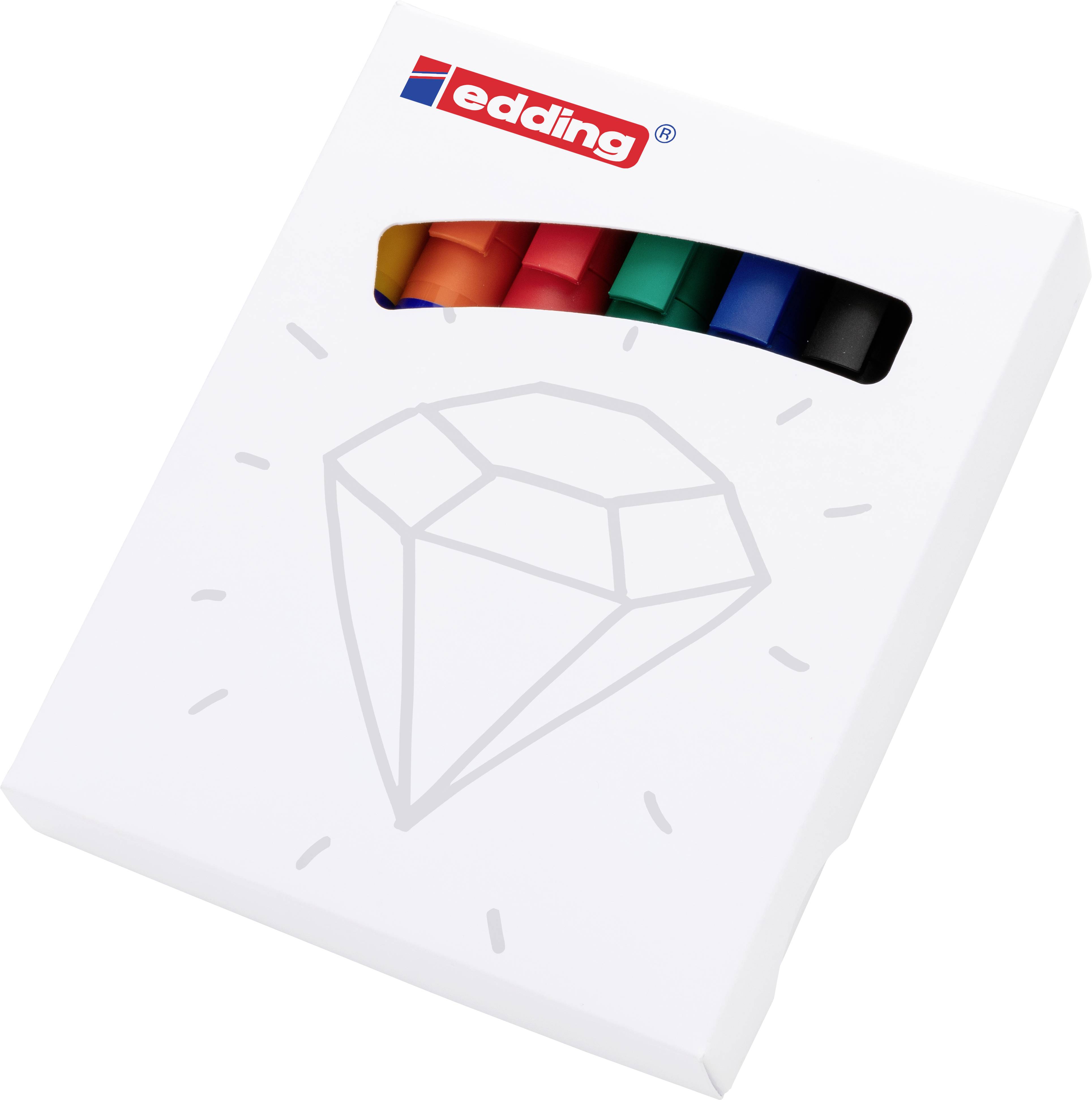 Balení fixů Edding v sedmi různých barvách, zobrazené s diamantovým designem na obalu.