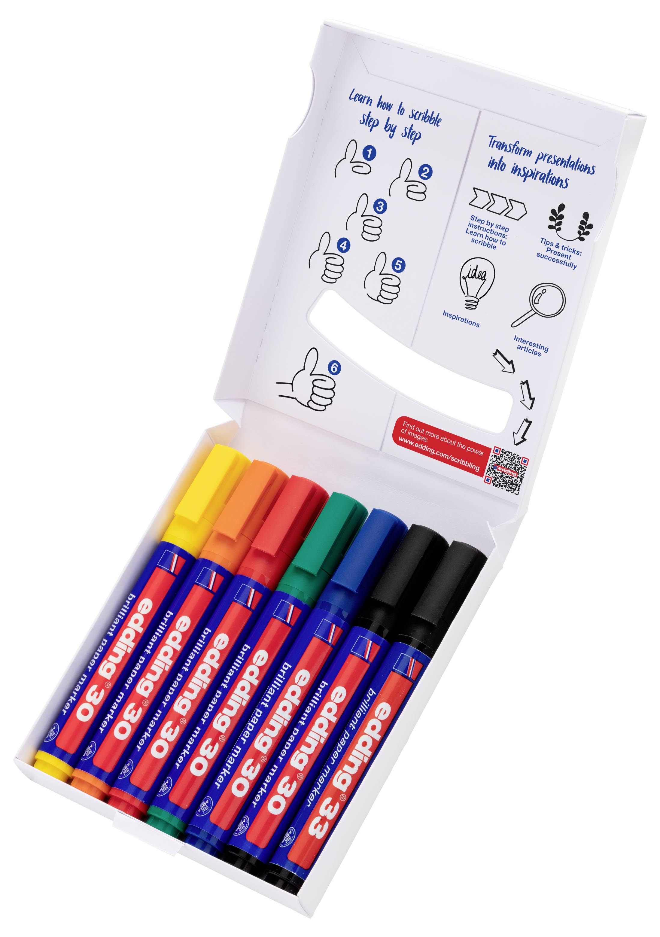 Otevřená krabice šesti barevných 3D markerů Crayola s návod ním listem ukazujícím jejich krok za krokem použití.