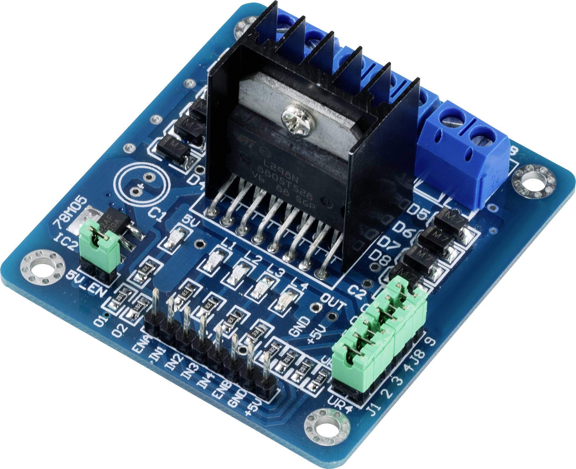 Modrý řadič obvodu s několika připojovacími piny a šroubovými svorkami, vhodný pro použití v elektronických projektech.