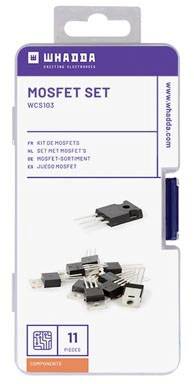 Balení 'Whadda MOSFET Set WCS103' obsahuje jedenáct MOSFET součástek. Výrazný modrý a bílý design s číslem dílu a URL webových stránek.