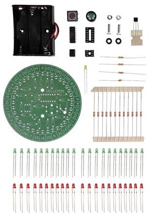 Elektronický stavebnicový set s deskou plošných spojů, držákem baterií, LED diodami, rezistory a spínačem pro DIY projekty.