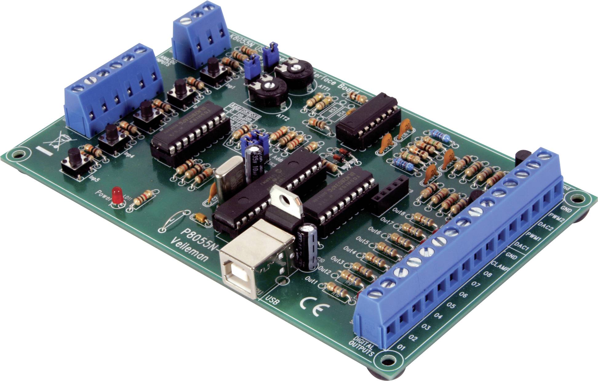 Elektronická deska s různými modrými svorkami, rezistory a čipovými komponenty. Obsahuje USB port a LED indikátory.