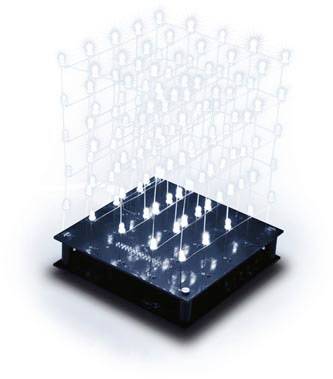 Elektronické zařízení s osvětlenou trojrozměrnou LED mřížkou, která představuje jakousi holografickou síť.