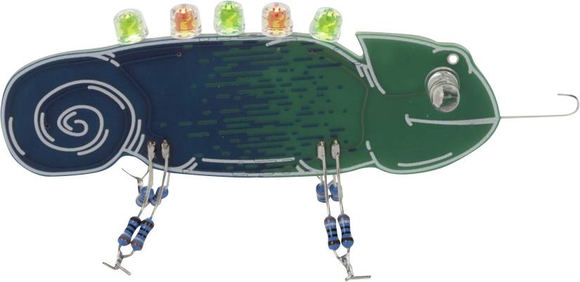 Elektronický chameleon model s osvětlenými LED diodami na zádech, reprezentující elektrický obvod a barevnou adaptaci.