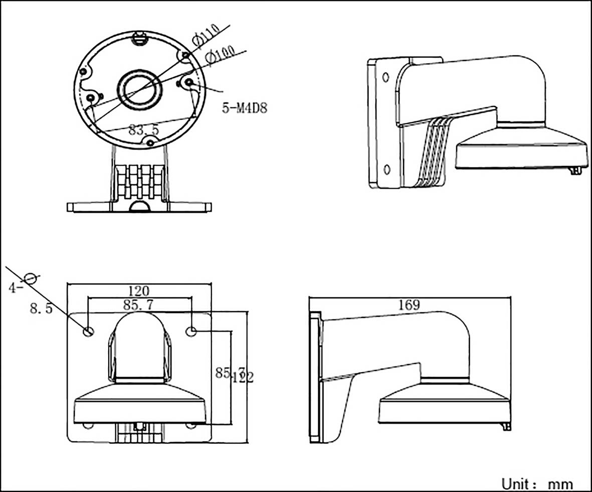 Technický výkres držáku bezpečnostní kamery z různých pohledů s rozměry v milimetrech.