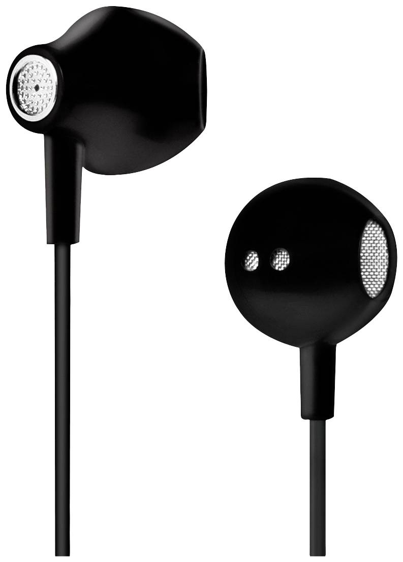 Černá kabelové In-Ear sluchátka s kulatým designem, ovládacím prvkem a malými mřížkami na vnějším povrchu.