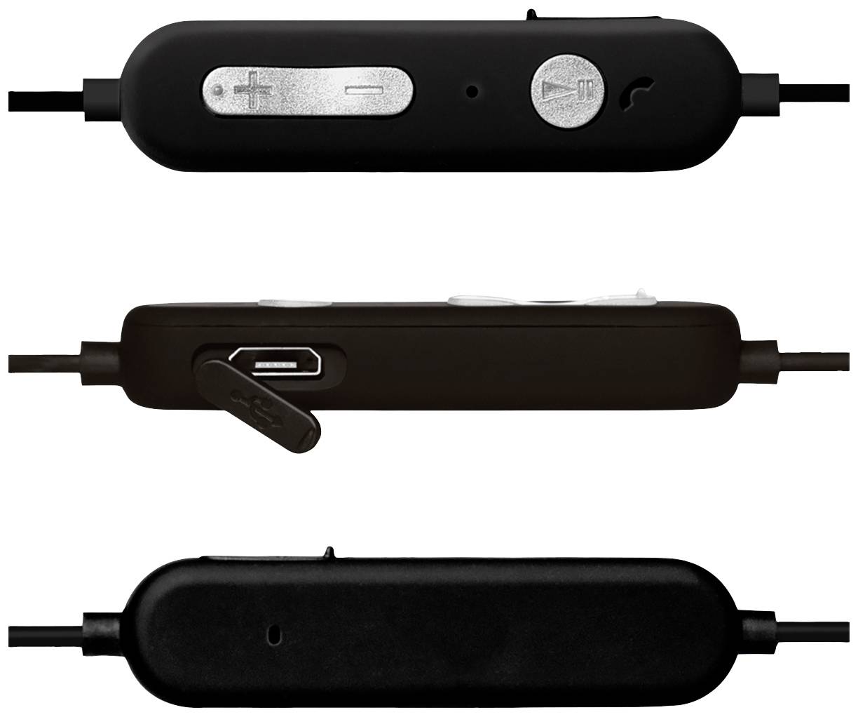Černý bluetooth audio adaptér s tlačítky hlasitosti (+, -), vypínačem, mikrofonovým vstupem a micro-USB konektorem.