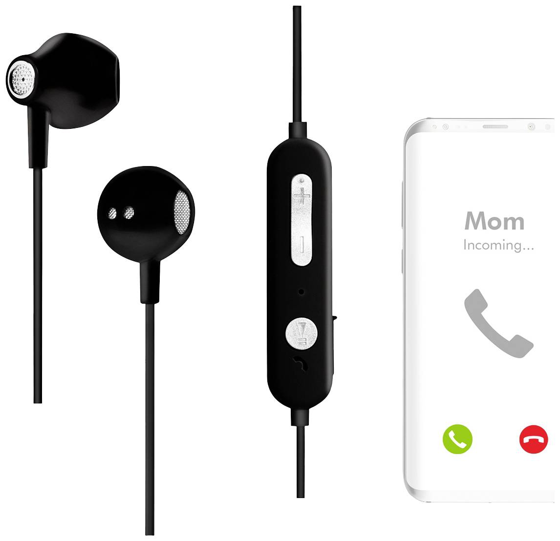 Černá sluchátka s ovládacím tlačítkem vedle smartphonu, který zobrazuje příchozí hovor od 'Mom'.