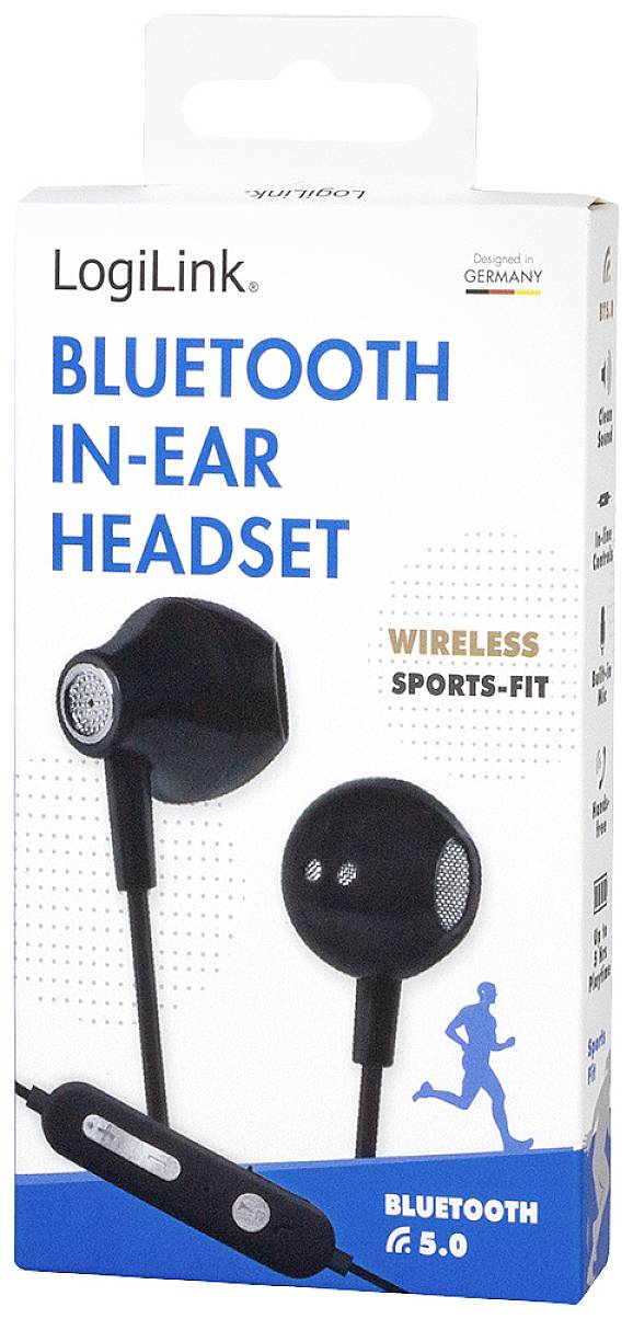 Balení bezdrátových sportovních sluchátek značky LogiLink. Text popisuje 'WIRELESS SPORTS-FIT'. Zobrazení náušních sluchátek.
