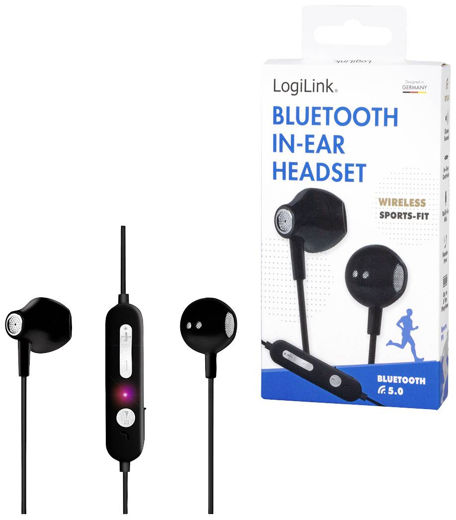 Bluetooth bezdrátová sluchátka do uší od LogiLink, černá. Balení uvádí 'Wireless Sports-Fit', vhodná pro sportovní aktivity.
