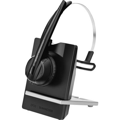 Černá bezdrátová sluchátka na nabíjecí stanici, viditelný název značky 'EPOS | SENNHEISER', vhodná pro kancelářské nebo domácí použití.