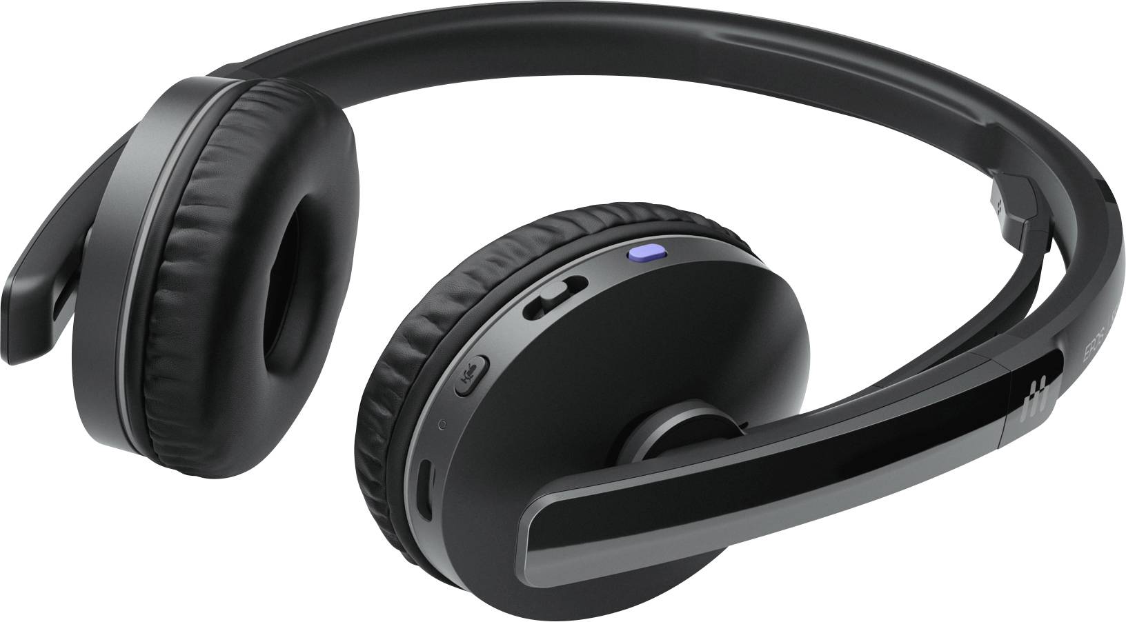 Černé bezdrátové over-ear sluchátka s integrovanými ovládacími prvky a modrým LED světlem, která leží na povrchu.